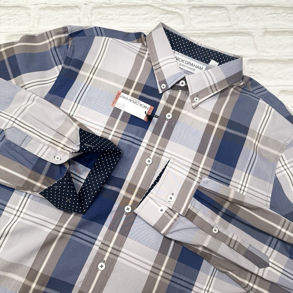 Nick Graham Stretch Modern Fit Long Sleeve Button Down Shirt Mens XL Brown Plaid